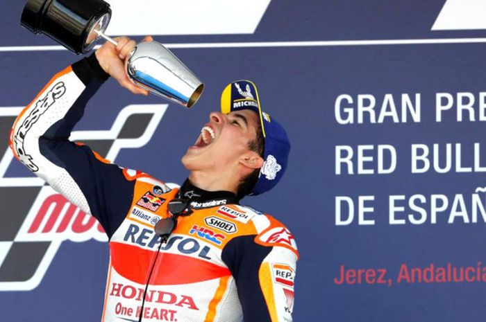 Momen perayaan kemenangan Marc Marquez (Repsol Honda) pada MotoGP Spanyol 2018 di Sirkuit Jerez Ange
