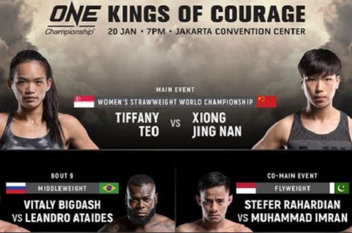 ONE Championship akan menggelar pertarungan bertajuk ONE: Kings Of Courage yang akan dilangsungkan di Indonesia, tepatnya di Jakarta Convention Center (JCC) pada Sabtu (20/1/2018).