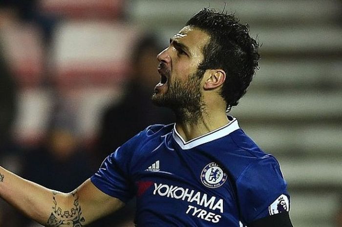 Selebrasi Cesc Fabregas setelah mencetak gol pertamanya dalam laga Premier League antara Sunderland dan Chelsea di Stadium of Light, Sunderland, Inggris, 14 Desember 2016. 