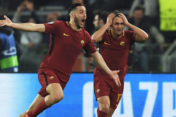   Bek AS Roma, Kostas Manolas, merayakan golnya yang menentukan kemenangan 3-0 atas Barcelona di leg
