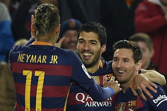 Trio Lionel Messi, Luis Suarez, dan Neymar ketika membela Barcelona di semifinal Copa del Rey (3/2/2016) melawan Valencia.