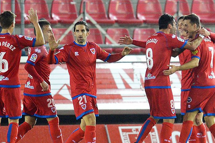 Pemain Numancia merayakan kemenangan atas Lorca FC dalam laga lanjutan Segunda Division pada 10 Desember 2017.