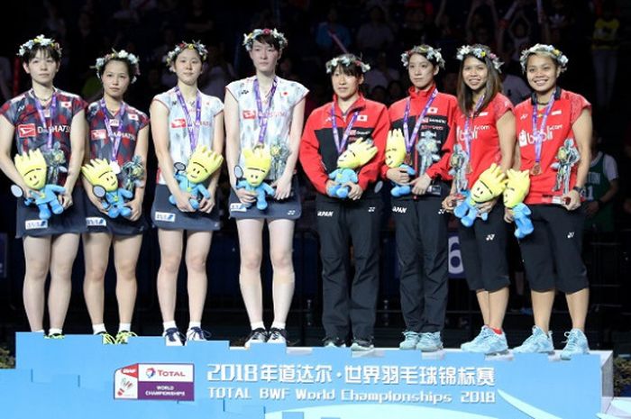 Podium ganda putri pada Kejuaraan Dunia 2018 di Nanjing Youth Olympic Sports Center, Minggu (7/8/2018).