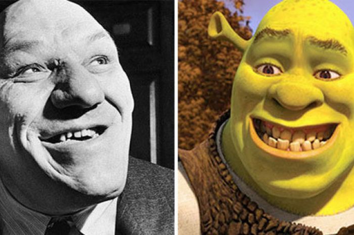 Pegulat berdarah Prancis, Maurice Tillet (kiri) dan tokoh animasi Shrek (kanan).