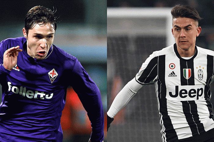 Kiri: Penyerang belia Fiorentina, Federico Chiesa. Kanan: Striker Juventus, Paulo Dybala. Dua pemain muda nan bertenaga akan saling berhadapan.