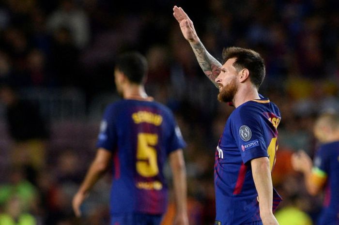 Megabintang FC Barcelona, Lionel Messi, merayakan gol yang dia cetak ke gawang Juventus dalam laga Grup D Liga Champions di Stadion Camp Nou, Barcelona, Spanyol, pada 12 September 2017.