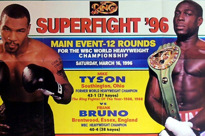 Poster pertarungan Mike Tyson vs Frank Bruno pada tahun 1996 dalam perebutan gelar juara dunia WBC.