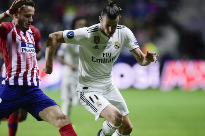 Aksi bintang Real Madrid, Gareth Bale, dalam laga Piala Super Eropa melawan Atletico Madrid di Lillekula Stadium, Rabu (15/8/2018).