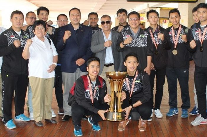 Tim Piala Thomas Indonesia saat tiba di Bandara Soekarno Hatta, Jakarta, Selasa (23/2/2016) usai berlaga di Pra Kualifikasi Piala Thomas-Uber Zona Asia, Hyderabad India. 