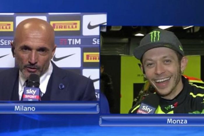 Pelatih Inter Milan, Luciano Spalletti, (kiri) saat berbicara dengan pebalap MotoGP, Valentino Rossi (kanan) beberapa saat setelah menjadi pemuncak klasemen sementara Liga Italia, Minggu (3/12/2017).