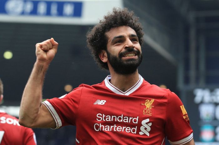       Pemain Liverpool FC, Mohamed Salah, merayakan gol ke gawang West Bromwich Albion dalam laga Liga Inggris di Stadion The Hawthorns, West Bromwich pada 21 April 2018.      