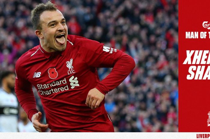 Penyerang sayap Liverpool, Xherdan Shaqiri, merayakan gol dalam laga Liga Inggris pekan ke-12 melawan Fulham, Minggu (11/11/2018) di Stadion Anfield, Liverpool. 