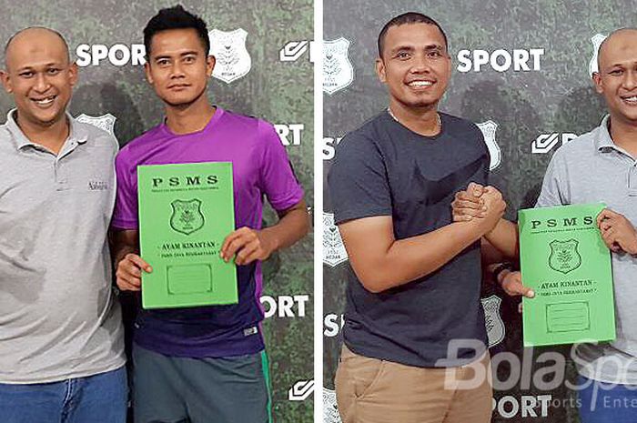 Direktur teknik PSMS Medan, Andry Mahyar Matondang, saat mendampingi M Roby (kiri) dan pelatih kiper, Sahari Gultom (kanan), seusai menandatangani kontrak kerja pada Rabu (11/1/2018).