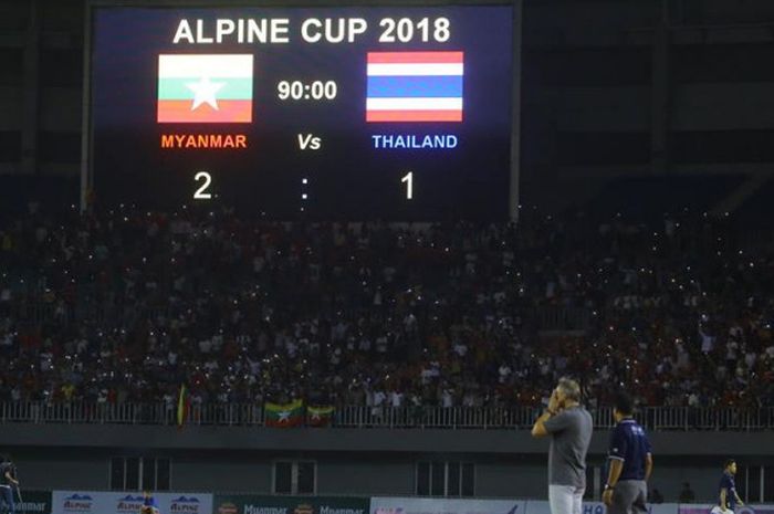 Timnas U-23 Myanmar vs Timnas U-23 Thailand pada Alpine Cup 2018 di Stadion Mandalarthiri, Mandalay, 5 Agustus 2018. 
