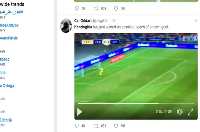 Gelandang Inter Milan, Geoffrey Kondogbia, masuk ke jajaran trending topic Twitter setelah mencetak gol bunuh diri ke gawang Chelsea dalam laga International Champions Cup di National Stadium, Singapura, pada Sabtu (29/7/2017).
