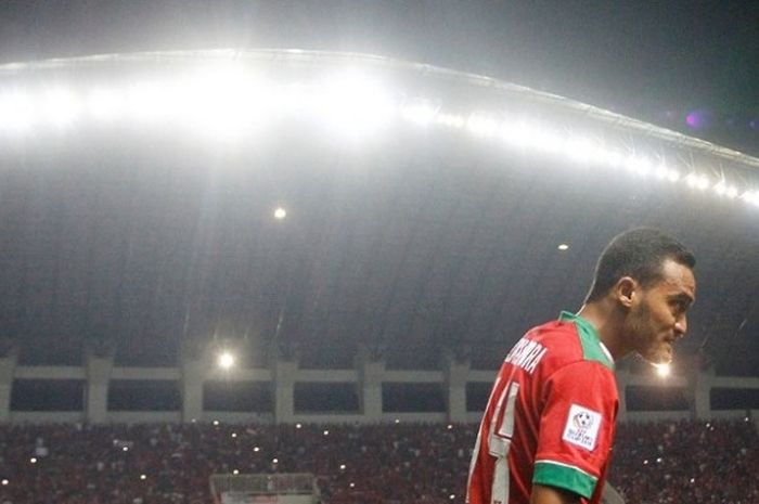 Winger timnas Indonesia, Rizky Pora, menjadi bintang pada laga pertama final Piala AFF 2016 kontra Thailand di Stadion Pakansari, Cibinong, Kabupaten Bogor, Rabu (14/12/2016).