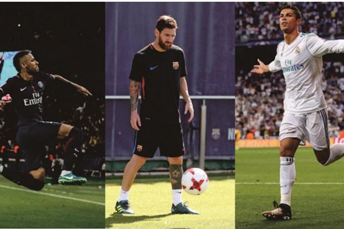 Lionel Messi diantara Neymar (kiri) dan Cristiano Ronaldo (kanan)