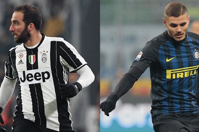Duel dua bomber, Gonzalo Higuain (Juventus; kiri) dan Mauro Icardi (Inter Milan), akan tersaji dalam laga Serie A di Juventus Stadium, 5 Februari 2017.