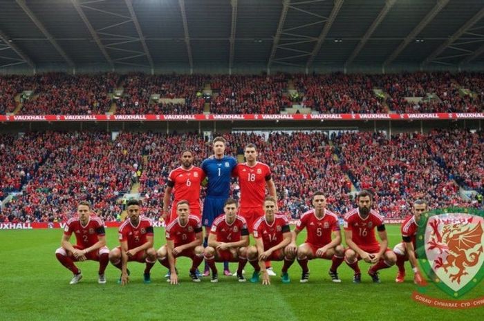 Pose skuat tim nasional Wales dalam pertandingan Grup D Kualifikasi Piala Dunia 2018 melawan Georgia di Cardiff, Minggu (9/10/2016).