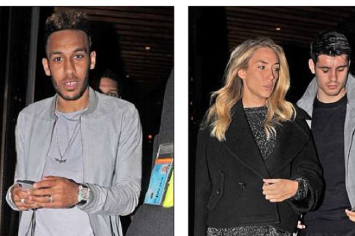 Pierre-Emerick Aubameyang (kiri) dan Alvaro Morata (kanan) bersama Alice Campello, saat makan malam di restoran Novikov