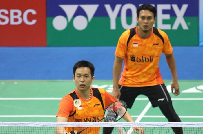 Pasangan ganda putra Indonesia, Mohammad Ahsan/Hendra Setiawan, tampil pada babak pertama India Open yang berlangsung di Siri Fort Indoor Stadium, Rabu (31/1/2018).