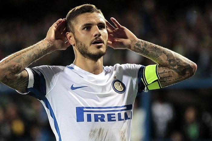 Aksi selebrasi penyerang Inter Milan, Mauro Icardi, setelah menjebol gawang Empoli dalam laga Serie A di Stadion Carlo Castellani, 21 September 2016.