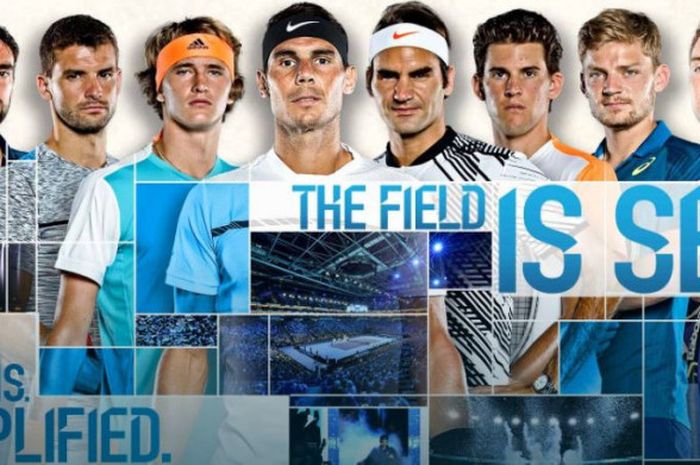 Para petenis elite dunia yang lolos ke ATP Finals 2017 (dari kiri ke kanan): Marin Cilic, Grigor Dimitrov, Alexander Zverev, Rafael Nadal, Roger Federer, Dominic Thiem, David Goffin, Jack Sock.