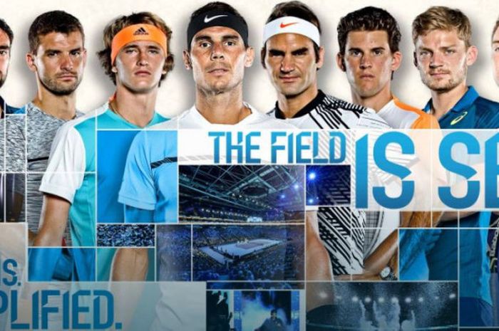  Para petenis elite dunia yang lolos ke ATP Finals 2017 (dari kiri ke kanan): Marin Cilic, Grigor Dimitrov, Alexander Zverev, Rafael Nadal, Roger Federer, Dominic Thiem, David Goffin, Jack Sock. 