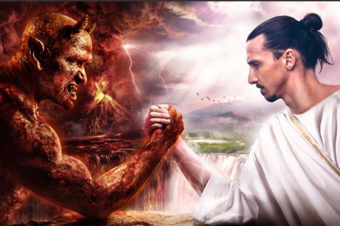 unggahan zlatan ibrahimovic melalui akun twitter resmi menampikan visual Zlatan bersalaman dengan setan merah