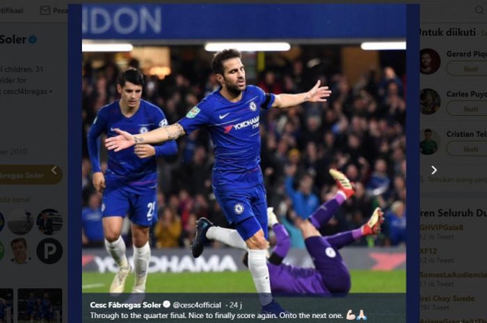 Pemain Chelsea, Cesc Fabregas, merayakan gol ke gawang Derby County pada laga 16 Besar Piala Liga Inggris di Stamford Brigde, London, Rabu (31 Oktober 2018) waktu setempat atau Kamis (1 November 2018) 