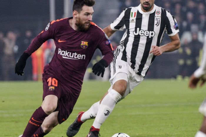 Aksi striker FC Barcelona, Lionel Messi, dalam laga melawan Juventus pada Rabu (22/11/2017)