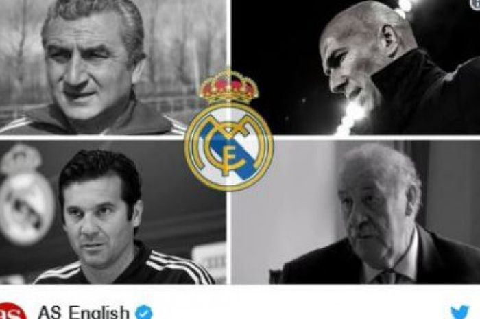 Dari kiri searah jarum jam: Miguel Munoz, Zinedine Zidane, Vicente del Bosque, dan Santiago Solari, pelatih Real Madrid yang naik pangkat menukangi tim utama setelah berpengalaman membesut tim Castilla atau Real Madrid B.