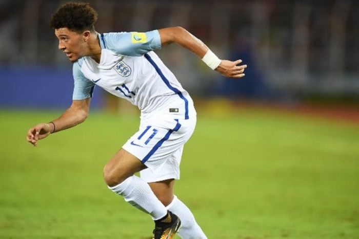 Jadon Sancho beraksi bersama timnas U-17 Inggris saat melawan Chile dalam ajang Piala Dunia U-17 di Stadion Salt Lake, Kolkata, India, 8 Oktober 2017.