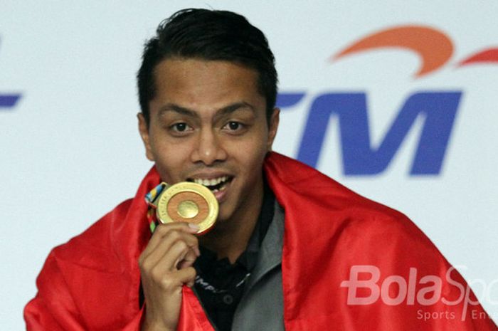 Ekspresi I Gede Siman Sudartawa saat meraih medali emas di SEA Games 2017.