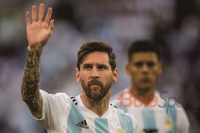 Megabintang Argentina, Lionel Messi, merayakan kemenangan timnya atas Nigeria dalam laga Grup D Piala Dunia 2018 di Saint Petersburg Stadium, Saint Petersburg, Rusia pada 26 Juni 2018.