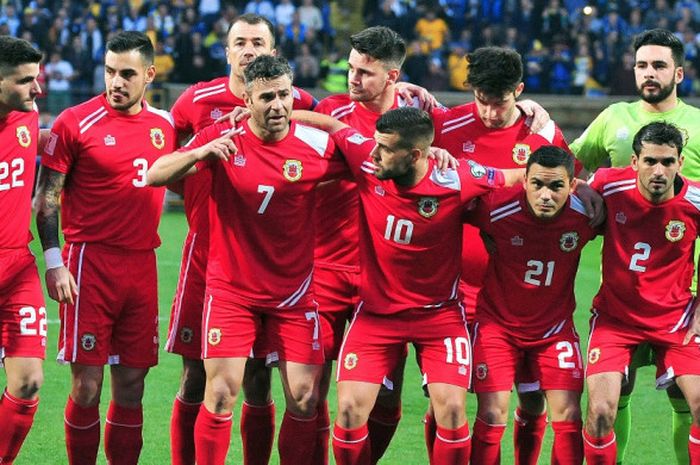 Timnas Gibraltar sebelum pertandingan Kualifikasi Piala Dunia 2018 melawan Bosnia-Herzegovina di Zenica, 25 Maret 2017.