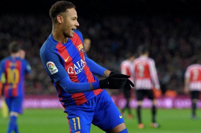 Aksi perayaan gol Neymar ke gawang Bilbao dalam partai Copa del Rey di Stadion Camp Nou, 11 Januari 2017.