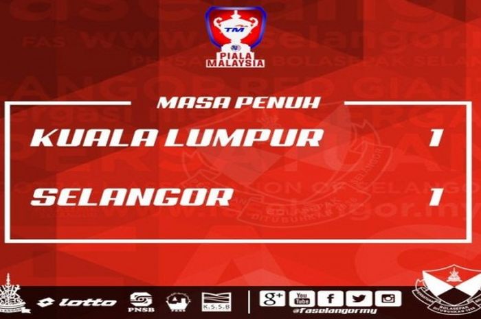 Selangor FA bermain imbang 1-1 kontra Kuala Lumpur FA pada laga keenam Grup B Piala Malaysia 2016.