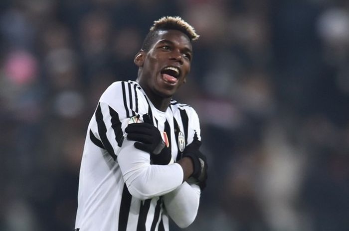 Paul Pogba, merayakan golnya ke gawang Torino pada babak 16 besar Coppa Italia 2015-2016 di Juventus Stadium. 