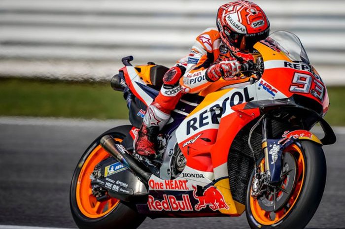 Marc Marquez tatkala menjalani salah satu sesi latihan bebas MotoGP San Marino 2018 yang berlangsung di Sirkuit Misano, Jumat (7/9/2018).