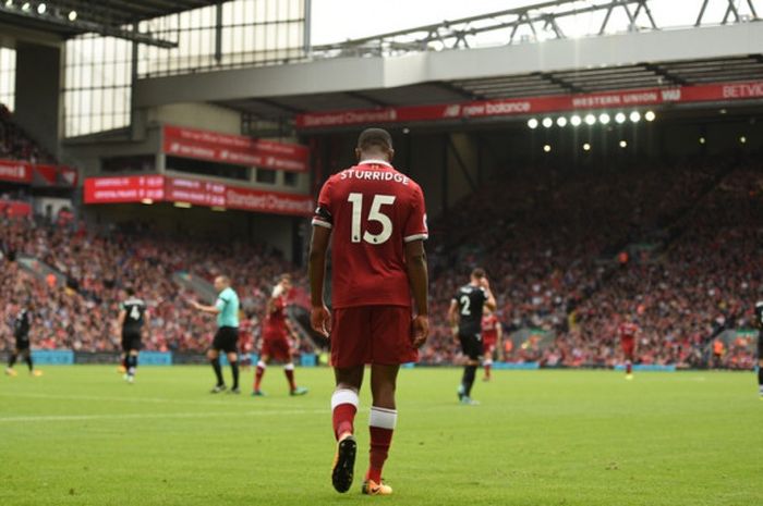 Reaksi striker Liverpool FC, Daniel Sturridge, dalam laga Liga Inggris kontra Crystal Palace di Stadion Anfield, Liverpool, pada 19 Agustus 2017.