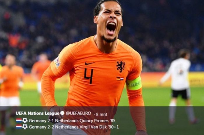 Selebrasi kapten Belanda, Virgil van Dijk, seusai menjebol gawang Jerman pada laga UEFA Nations League di VELTINS-Arena, Senin (19/11/2018)