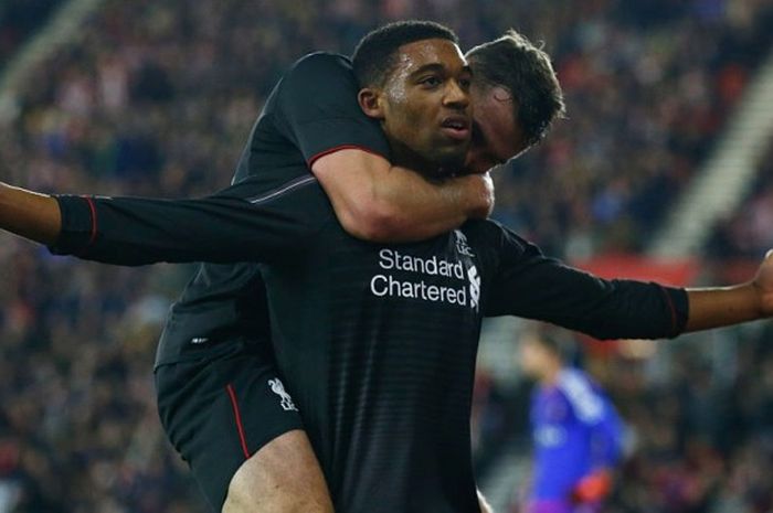 Selebrasi gol Jordon Ibe untuk Liverpool saat menghadapi Southampton dalam lanjutan Piala Liga Inggris 2015-2016 di Saint Mary's Stadium, Southampton, Inggris, pada 2 Desember 2015.