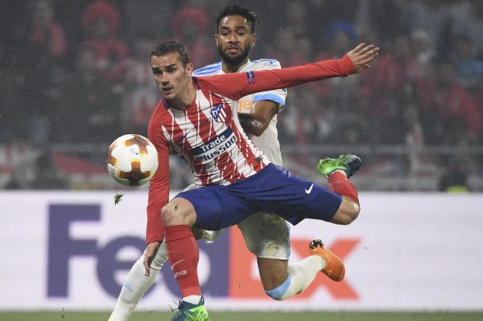 Penyerang Atletico Madrid, Antoine Griezmann, mencetak gol keduanya dalam laga final Liga Europa 2017-2018 melawan Olympique Marseille, Kamis (17/5/2018) dini hari WIB di Stadion Parc OL, Lyon.