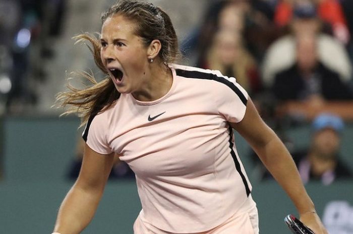 Ekspresi Daria Kasatkina (Rusia) usai berhasil meraih kemenangan atas Venus Williams pada laga semifinal Indian Wells Masters 2018, Jumat (16/3/2018) waktu Amerika Serikat.