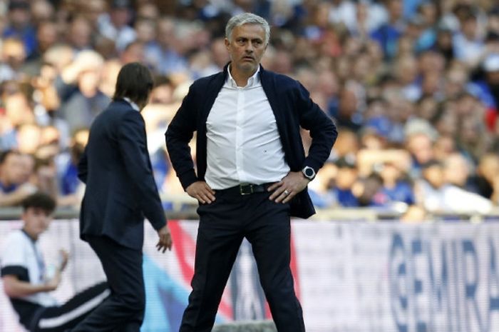 Ekspresi pelatih Manchester United, Jose Mourinho, dalam laga final Piala FA kontra Chelsea di Stadion Wembley, London, Inggris pada 19 Mei 2018.