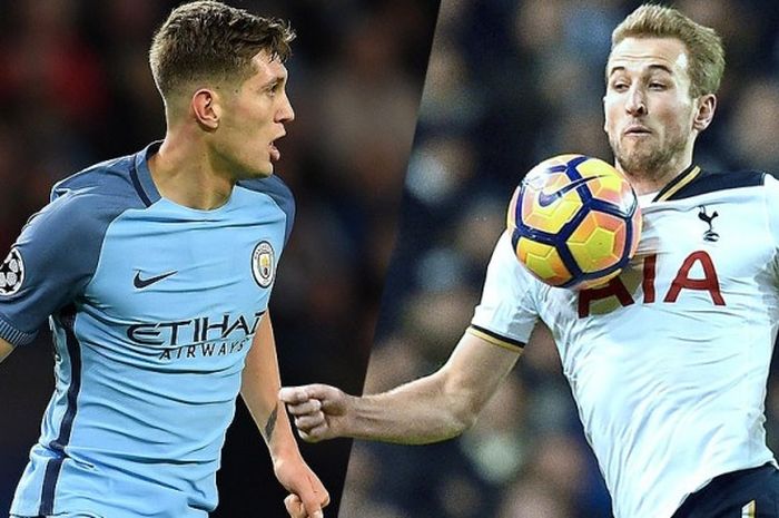 John Stones (kiri/Manchester City) harus tampil jauh lebih baik dibanding pekan lalu untuk bisa menghentikan langkah striker Tottenham Hotspur, Harry Kane.