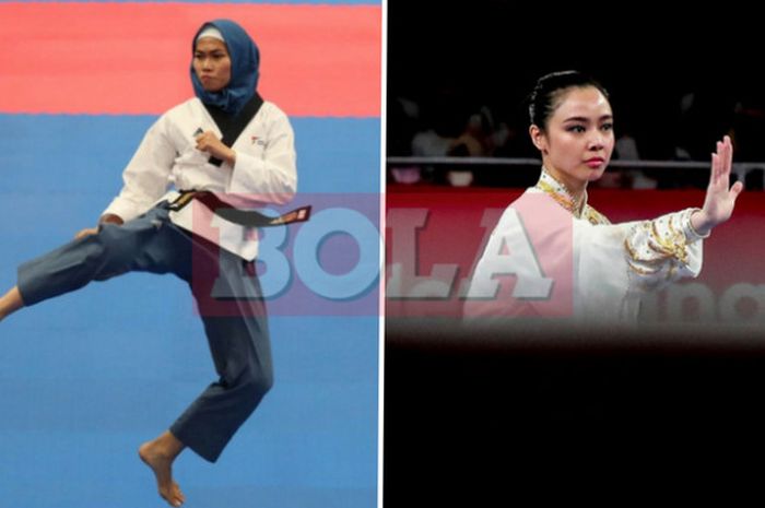 Kolase foto taekwondoin Indonesia,  Defia Rosmaniar (kiri), dan atlet wushu tanah, Lindswell Kwok (kanan), saat berlaga di Asian games 2018, Minggu (19/8/2018).