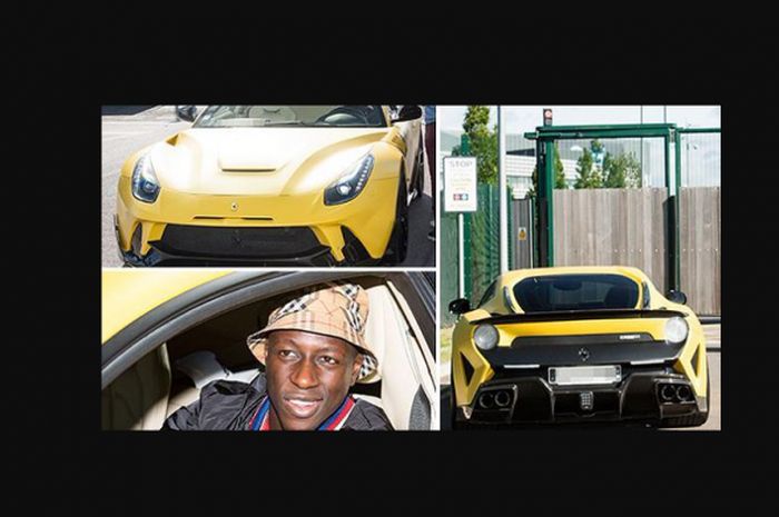 Benjamin Mendy dan mobil Ferrari F2X kuning cerah saat berangkat ke markas latihan Manchester City pada Selasa (31/7/2018).