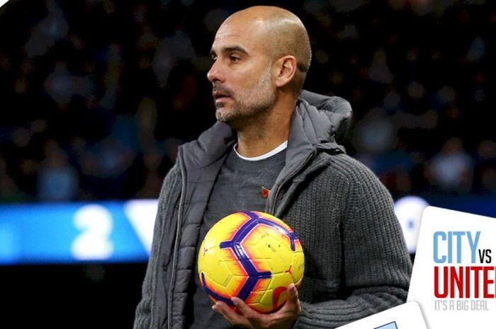 Ekspresi pelatih Manchester City, Pep Guardiola, dalam laga Liga Inggris melawan Manchester United di Stadion Etihad, Manchester pada 11 November 2018.